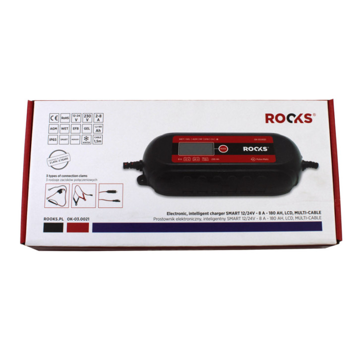 PROSTOWNIK ELEKTRONICZNY, INTELIGENTNY SMART 12/24V - 8 A - 230 AH, LCD, ZESTAW DODATKOWYCH AKCESORIÓW