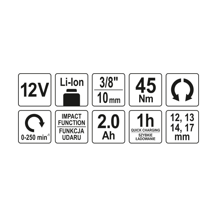 GRZECHOTKA UDAROWA 3/8"-1/2" 45 NM 12V (2,0AH, 1H)