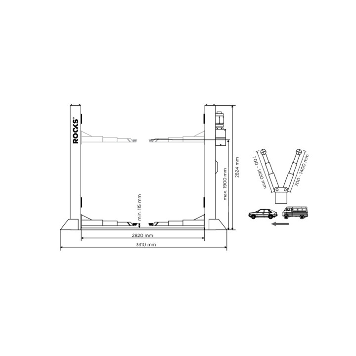 PODNOŚNIK DWUKOLUMNOWY ELEKTROHYDRAULICZNY AUTOMATYCZNY 4,5T ŁĄCZONY DOŁEM ARM 3-3 P: 2820MM 400V OKG-4500AS ROOKS