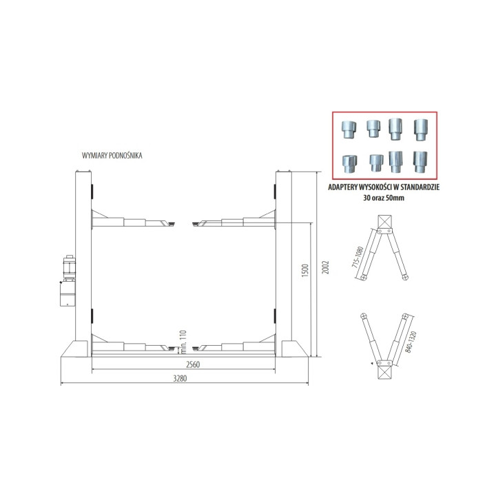 PODNOŚNIK DWUKOLUMNOWY ELEKTROHYDRAULICZNY PÓŁAUTOMATYCZNY NISKI 3,5T ŁĄCZONY DOŁEM ARM 2-2 P: 2580MM 230V 2.35 CLEVER GRUBBER