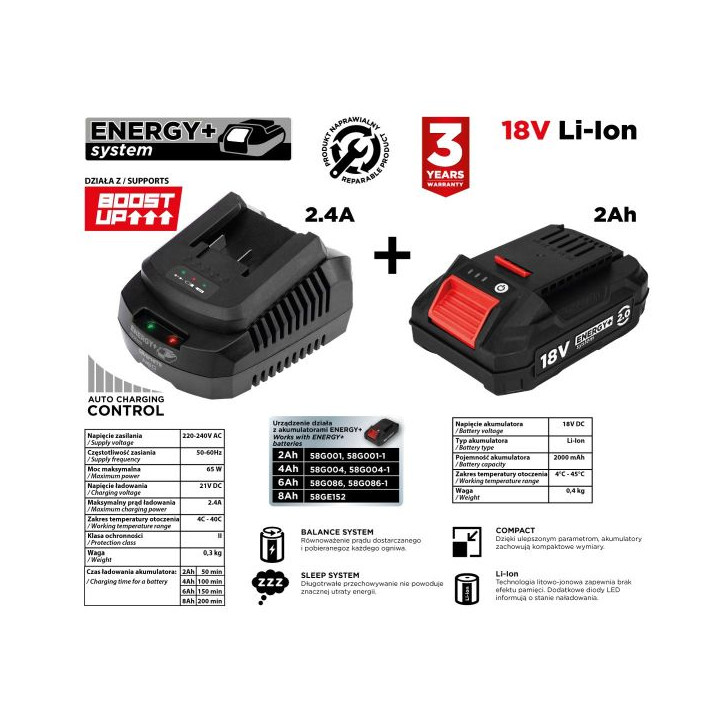 ZESTAW ENERGY+: AKUMULATOR 2AH Z ŁADOWARKĄ