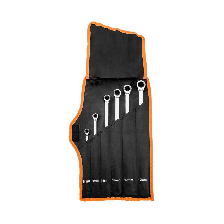 KLUCZE OCZKOWE Z GRZECHOTKĄ, DŁUGIE, ZESTAW 6 SZT., 8 - 19 MM, MIĘKKIE ETUI