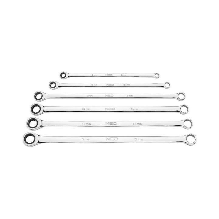 KLUCZE OCZKOWE Z GRZECHOTKĄ, DŁUGIE, ZESTAW 6 SZT., 8 - 19 MM, MIĘKKIE ETUI