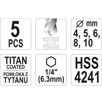 Wiertła do met 5szt 4-10mm hex tytpowł