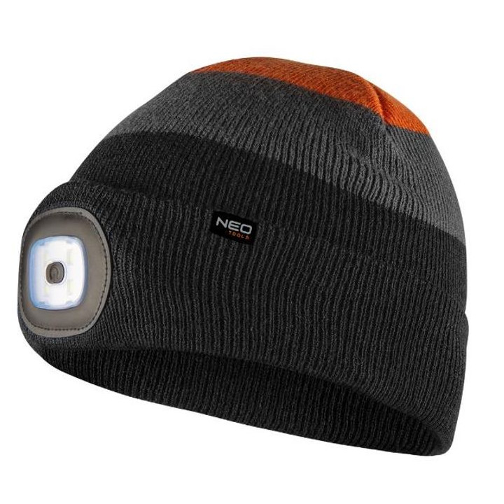 CZAPKA Z LATARKĄ LED, CZARNO-SZARO-POMARAŃCZOWA WARM