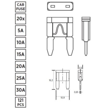 Zestaw bezpieczników mini 121 szt 5a 10a 15a 20a 25a 30a