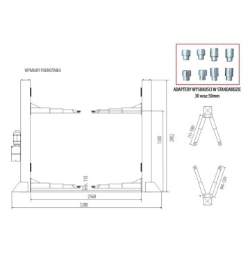 Podnośnik dwukolumnowy elektrohydrauliczny półautomatyczny niski 35t łączony dołem arm 2-2 p 2580mm 230v 235 clever
