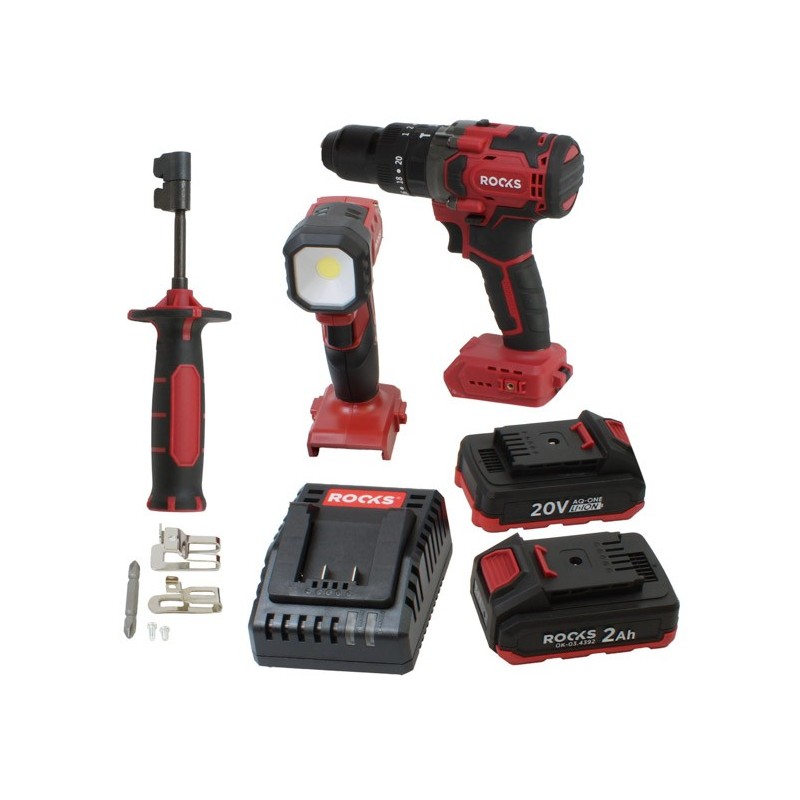 Zestaw elektronarzędzi rooks 20v aq-one wkrętarka lampa robocza akumulator 2ah